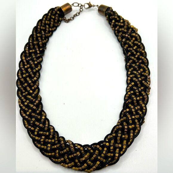 *3/$20* Vintage woven black cord and gold / bronze tone beaded collar necklace - Picture 2 of 5